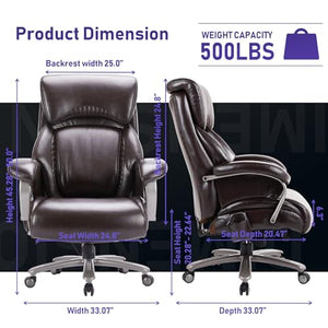 COLAMY Big and Tall Office Chair 500lbs-Heavy Duty Executive Computer Desk Chair, Ergonomic Leather, Adjustable Lumbar Support, Brown