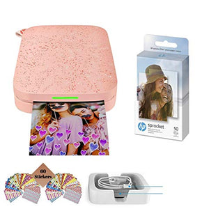 HP Sprocket Photo Printer, (2nd Edition) Print Social Media Photos on 2x3 Sticky-Backed Paper (Blush) + Photo Paper (50 Sheets) + USB Cable + 60 Decorative Stick-On Border Frames