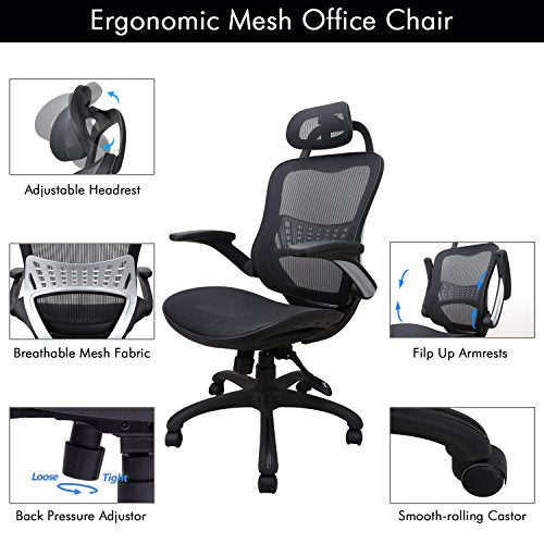 Komene Ergonomic Chairs for Office &Home: Passed BIFMA/SGS Weight Support Over 300Ibs,The Most Comfortable Mesh Cushion&High Back-Adjustable Headrest Backrest,Flip-up Armrests,360-Degree Swivel Chairs