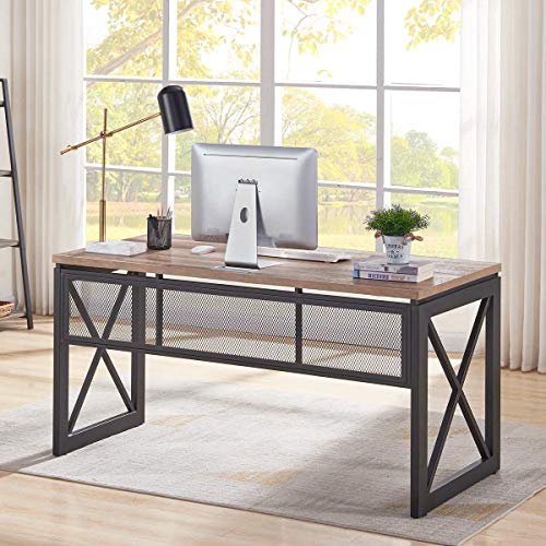 BON AUGURE Industrial Home Office Desks, Rustic Wood Computer Desk, Farmhouse Sturdy Metal Writing Desk (60 Inch, Vintage Oak)