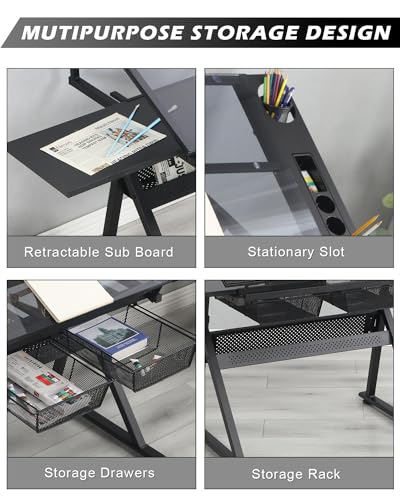 LifeSky Drafting Table Adjustable Art Desk with Glass Top and Stool - Black