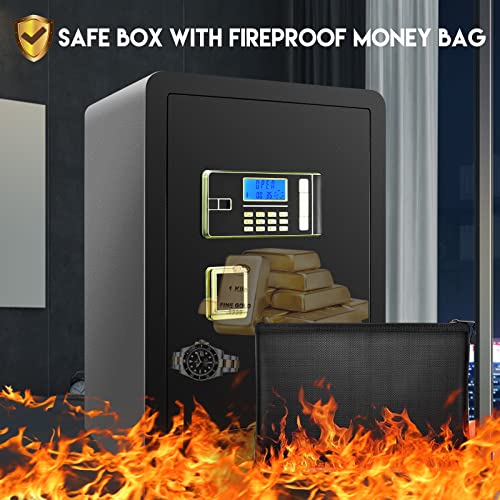 ETE ETMATE 4.0 Cub Large Safe Box Fireproof Waterproof, Digital Home Safe with Fireproof Document Bag, Double Safety Key Lock and LCD Screen, Built In Cabinet Box, Removable Shelf, LED Light, Money Safe for Home Office Hotel (Black, US STOCK)