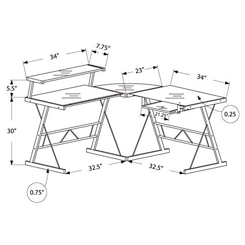 Monarch Specialties Computer Desk L-Shaped Corner Workstation Tempered Glass Top with Shelf Keyboard Trey-Metal Legs, 57" L, Black Frame