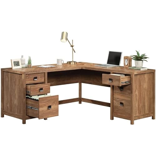 Sauder L-Shaped Desk with 6 Storage Drawers, Sindoori Mango Finish