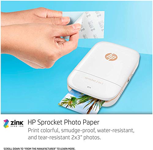 HP Sprocket 2-in-1 Portable Photo Printer & Instant Camera, print social media photos on 2x3" sticky-backed paper (2FB96A), 2:1 White, 4.8 x 3 x 1.1