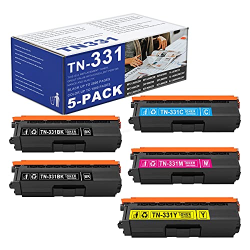 5-Pack TN331 Compatible TN331BK TN331C TN331M TN331Y Toner Cartridge Replacement for Brother HL-L8250CDN L8350CDW/CDWT DCP-9050CDN 9270CDN L8400CDN L8450CDW Printer(2BK+1C+1M+1Y).
