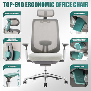 COLAMY Ergonomic Mesh Office Chair with Adjustable Headrest and 4D Arms, Slide Seat, Tilt Lock-Light Grey