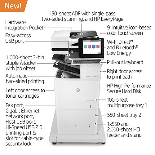 HP LaserJet Enterprise Flow MFP M636z Monochrome Multifunction Printer with High-Capacity Input Feeder, Wheeled Stand and 3-bin Stapler/Stacker (7PT01A)