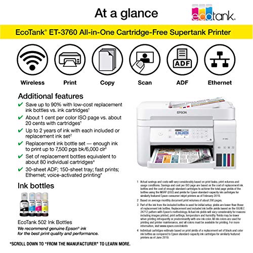 Epson EcoTank ET-3760 Wireless Color All-in-One Cartridge-Free Supertank Printer with Scanner, Copier and Ethernet, Regular (Renewed)