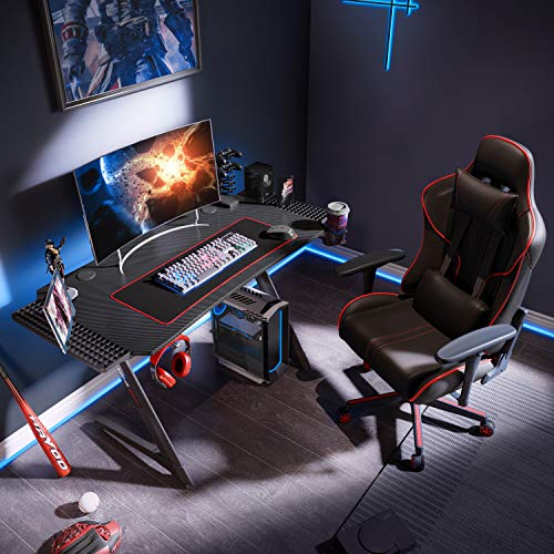 43 Inches Carbon Fiber PC Gaming Table Gaming Desk for Home Office with Cup Holder and Headphone Hook (Jet Black)