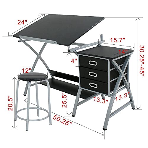 Drafting Craft Table Station MDF Top Drawing Desk Work Artist Drawer W/Stool Supplies Adjustable Desk Craft Table Drafting Table Office Furniture Drawing Supplies Desk Drawing Table