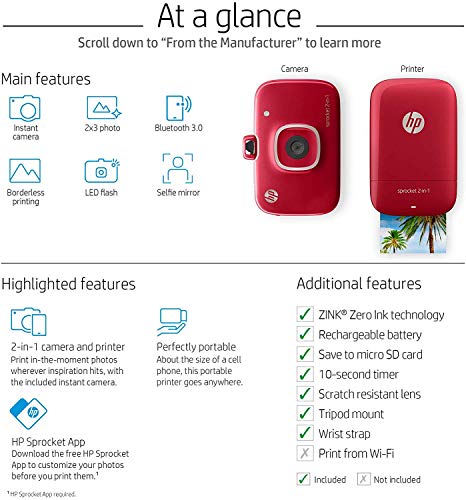 HP Sprocket 2-in-1 Portable Photo Printer & Instant Camera, print social media photos on 2x3" sticky-backed paper - Red (2FB98A)