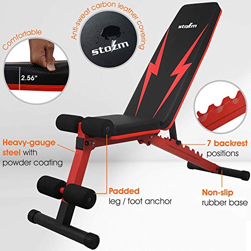 STOZM Multi-Purpose Adjustable Strength Training Weight Bench (Crimson) - High Weight Capacity 900 lbs and Dumbbell Set with Case – 50 kgs for Home Gym & Full Body Workout (Black Paint Finish)