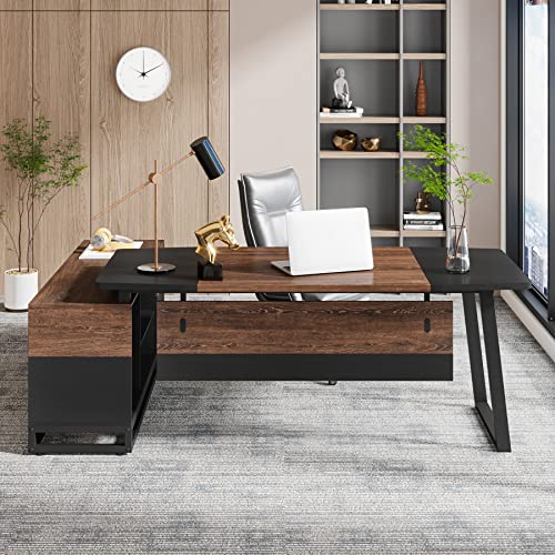 Tribesigns Executive Desk and Lateral File Cabinet Set, L-Shaped Computer Desk with Storage, Walnut/Black