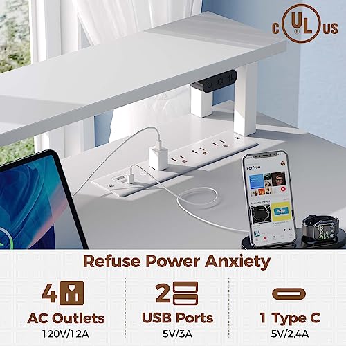 Rolanstar White L Shaped Computer Desk with Drawers, Power Outlet, LED Strip, and Keyboard Tray