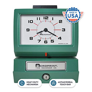 Acroprint 01-1070-411 Model 125NR4 Heavy-Duty Manual Print Time Recorder; Prints Month, Date, Hour and Minutes; Large, Easy-to-read Analog Clock Face; Antimicrobial Touch Bar Helps Protect Against Bacteria