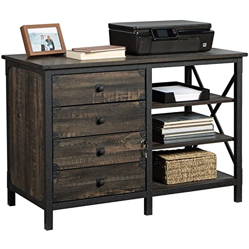 Sauder Steel River Industrial Credenza with Drawers, Carbon Oak Finish