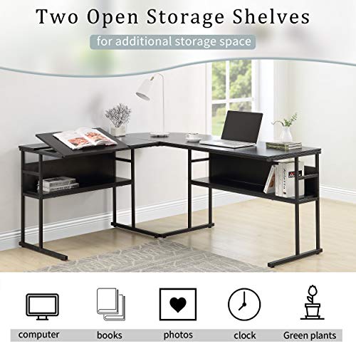 Merax L-Shaped Bottom Bookshelves, Multi-Function Drafting Drawing Table with Tiltable Desktop Desk, 59" L x 67" W x 29.5" H, Black