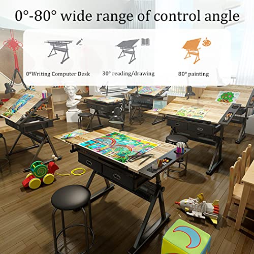 VejiA Adjustable Drawing Table with Tiltable Tabletop, 2 Storage Drawers, Stool - Art Desk Drafting Table for Home and Office Use
