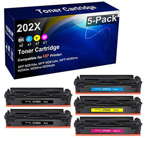 5-Pack (2BK+C+Y+M) Compatible Printer Cartridge Replacement for HP CF500X CF501X CF502X CF503X | 202X Toner Cartridge use for HP Color MFP M281fdw M281cdw M280nw, M254dw M254nw M254cdw Printer