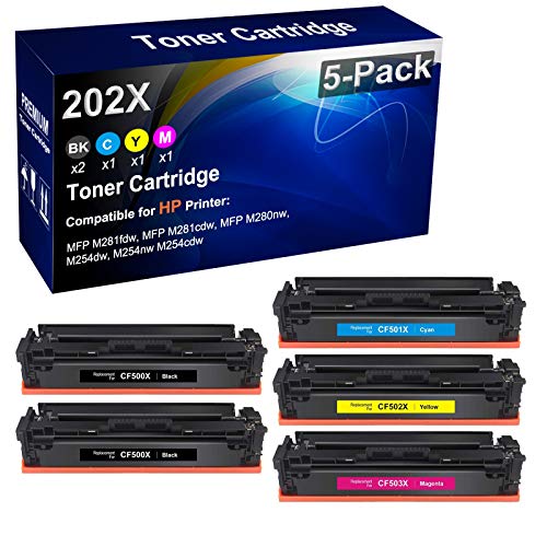 5-Pack (2BK+C+Y+M) Compatible Printer Cartridge Replacement for HP CF500X CF501X CF502X CF503X | 202X Toner Cartridge use for HP Color MFP M281fdw M281cdw M280nw, M254dw M254nw M254cdw Printer