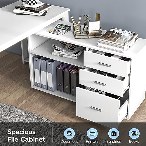 Buytime White L-Shaped Office Desk with Drawers and Shelves
