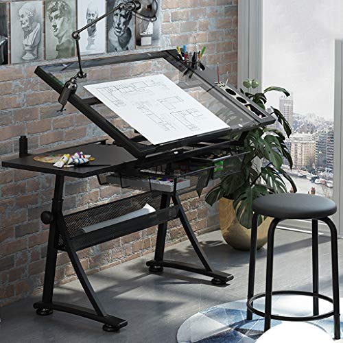 Lgan Drafting Table with Storage, Height Adjustable Tiltable Art Desk, Glass Panel Drawing Desk, for Work Study Painting Craft Table