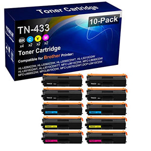 10-Pack (4BK+2C+2Y+2M) Compatible Color Toner Cartridge (High Yield) Replacement for Brother TN-433 TN433 Printer Cartridge use for Brother Color HL-L8260CDW HL-L8360CDW HL-L9310CDW Series Printer