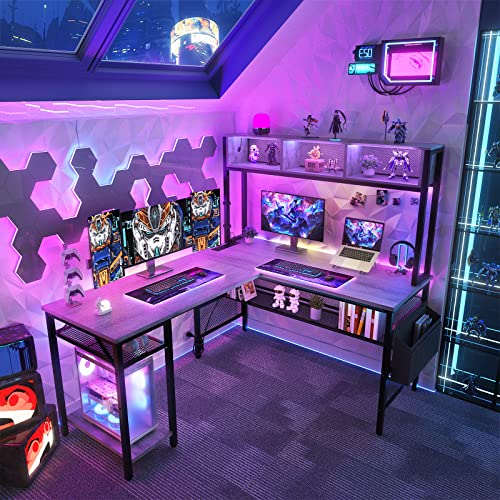 Unikito L Shaped Computer Desk with LED Strip, Power Outlets, Storage Shelves, Bag, USB Port - White Oak