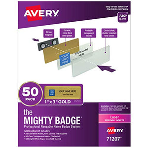 The Mighty Badge by Avery, 1" x 3" Magentic Name Tags, 50 Gold Name Badges, 120 Customizable Inserts (71207)