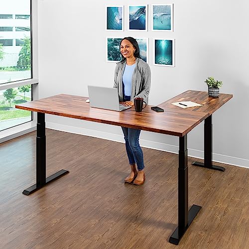 S Stand Up Desk Store Triple Motor Electric L-Shaped Corner Standing Desk (Black Frame/Solid Walnut Top, 71" W x 71" D)