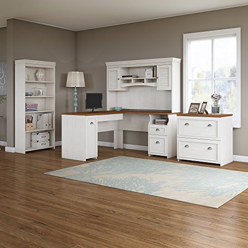 Bush Furniture Fairview L Shaped Desk with Hutch, Bookcase and Lateral File Cabinet in Antique White