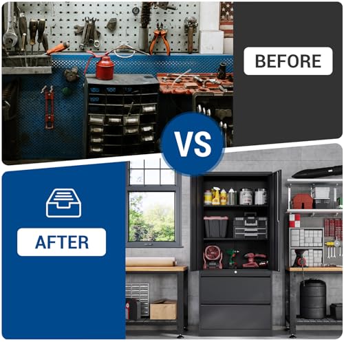 Fesbos 71" Metal Storage Cabinet with Lock - Black Heavy-Duty Garage Tool Cabinet