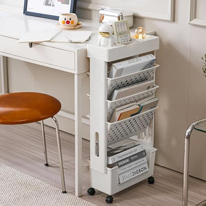 NEOFEN 5 Tier Mobile Bookshelf Rolling Book Rack with Wheels - White, 5 Tier