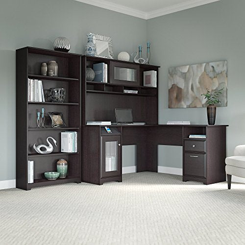 Cabot L Shaped Desk with Hutch and 5 Shelf Bookcase in Espresso Oak