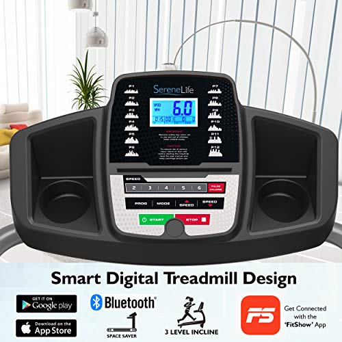 SereneLife Smart Electric Folding Treadmill – Easy Assembly Fitness Motorized Running Jogging Exercise Machine with Manual Incline Adjustment, 12 Preset Programs | SLFTRD20 Model