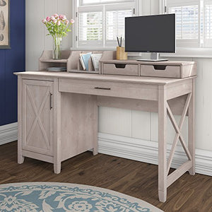 Bush Furniture Key West 54W Computer Desk with Storage and Desktop Organizers in Washed Gray
