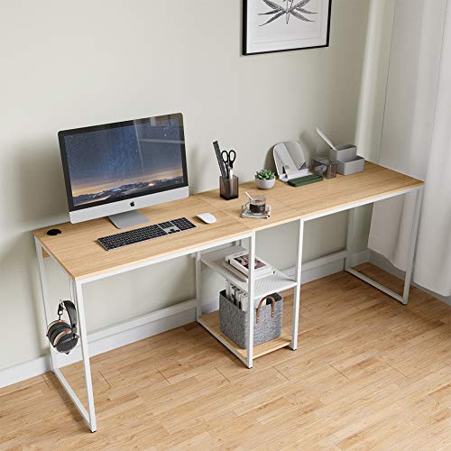 Domy Home L-Shaped Home Office Desk 74'' 2 Person Student Kid Writing Desk w/Storage Shelves Headphone Hook PC Laptop Table Sturdy Metal Frame Easy Assembly Oak