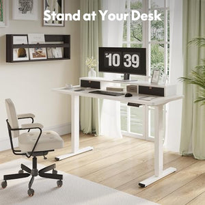 FLEXISPOT Electric Standing Desk with Drawer, Adjustable Height & Storage Shelf, Ergonomic Monitor Stand (White, 55 inch)