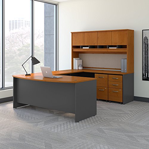 Bush Business Furniture 72W Bow Front U Shaped Desk with Hutch and Storage in Natural Cherry