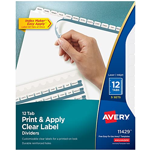 Avery 12-Tab Binder Dividers, Easy Print & Apply Clear Label Strip, Index Maker, White Tabs, 5 Sets, 6 Pack (11429)