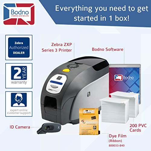 Zebra ZXP Series 3 Dual Sided ID Card Printer & Complete Supplies Package with Bodno Gold Edition ID Software 2