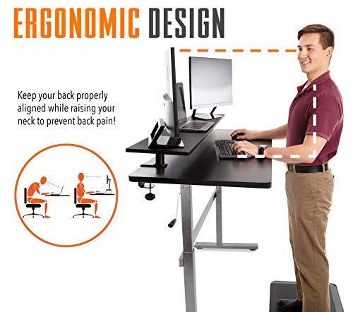 Stand Steady Tranzendesk 55 in Standing Desk with Clamp On Shelf | Easy Crank Height Adjustable Stand Up Workstation w/Attachable Monitor Riser | Holds 3 Monitors & Adds Extra Desk Space (55/Silver)