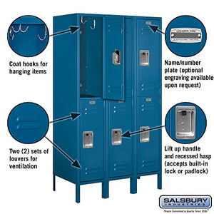 Salsbury Industries Assembled 2-Tier Standard Metal Locker with Three Wide Storage Units, 5-Feet High by 18-Inch Deep, Blue