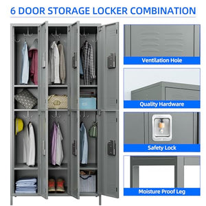 SUXXAN 6 Doors Metal Locker Combination with 12 Hooks, Double Tier Storage Locker W35.43*D15.7*H72 (Light Grey)