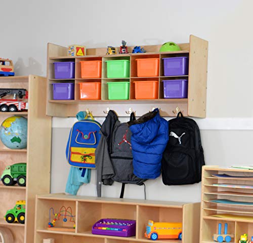 Contender 10 Section Wall Mounted Storage Cabinet with Assorted Pastel Trays, Multipurpose Playschool Furniture, Hardwood Shelf for Homeschool Supplies