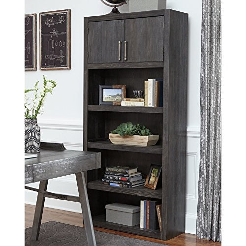 Ashley Furniture Signature Design - Raventown Large Bookcase - 2 Adjustable Shelves/1 Fixed Middle Shelf/Upper Cabinet- Contemporary - Grayish Brown Finish