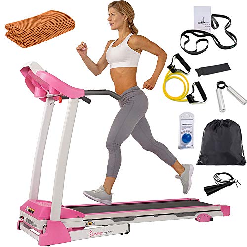 Sunny Health and Fitness p8700 Pink Treadmill with Manual Incline and LCD Display Bundle with Deco Gear Home Gym 7-Piece Fitness Kit and Workout Cooling Sport Towel