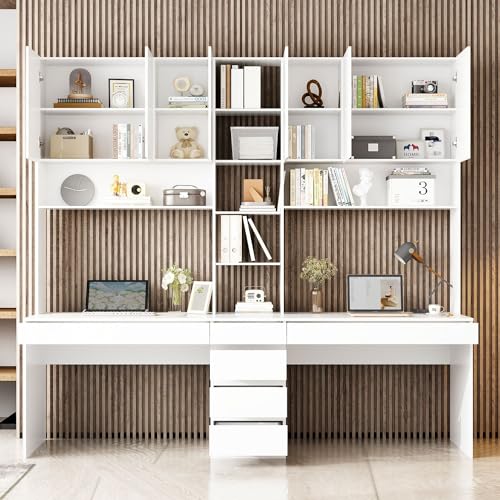 MOUMON Double Office Desk with Drawers and Shelves, White - 94.5”W x 23.6”D x 86.6”H