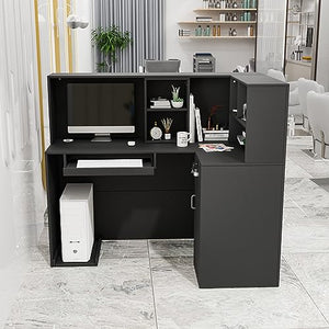LEADZM L-Shaped Reception Desk with Counter, Lockable Drawers, Adjustable Shelf - Black (55.9" W x 18.9" D x 48" H)